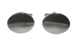 Silver Toned Etched Oval Religious Ichthys Jesus Fish Cufflinks