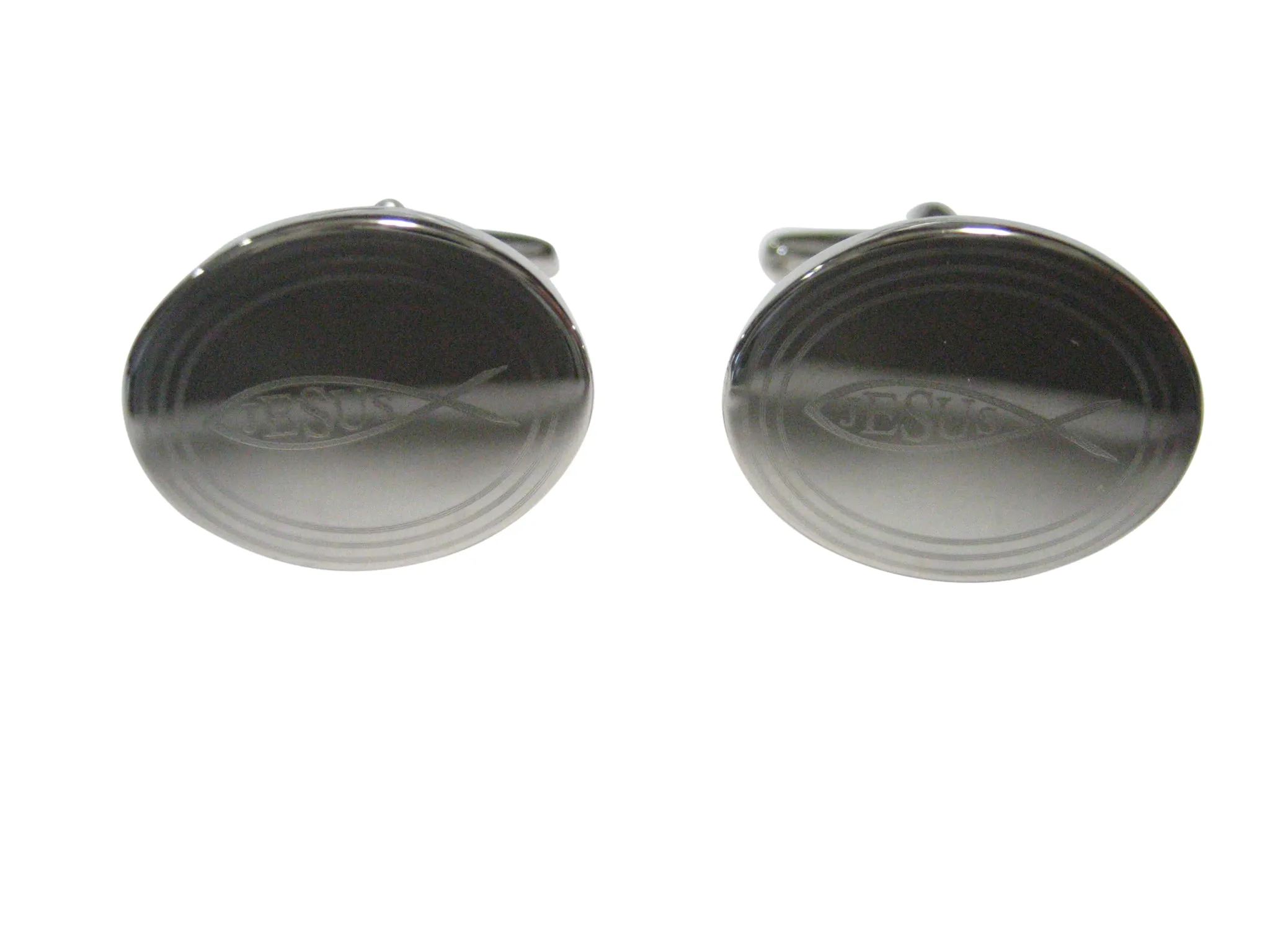 Silver Toned Etched Oval Religious Ichthys Jesus Fish Cufflinks