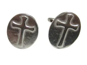 Silver Toned Oval Religious Cross Cufflinks