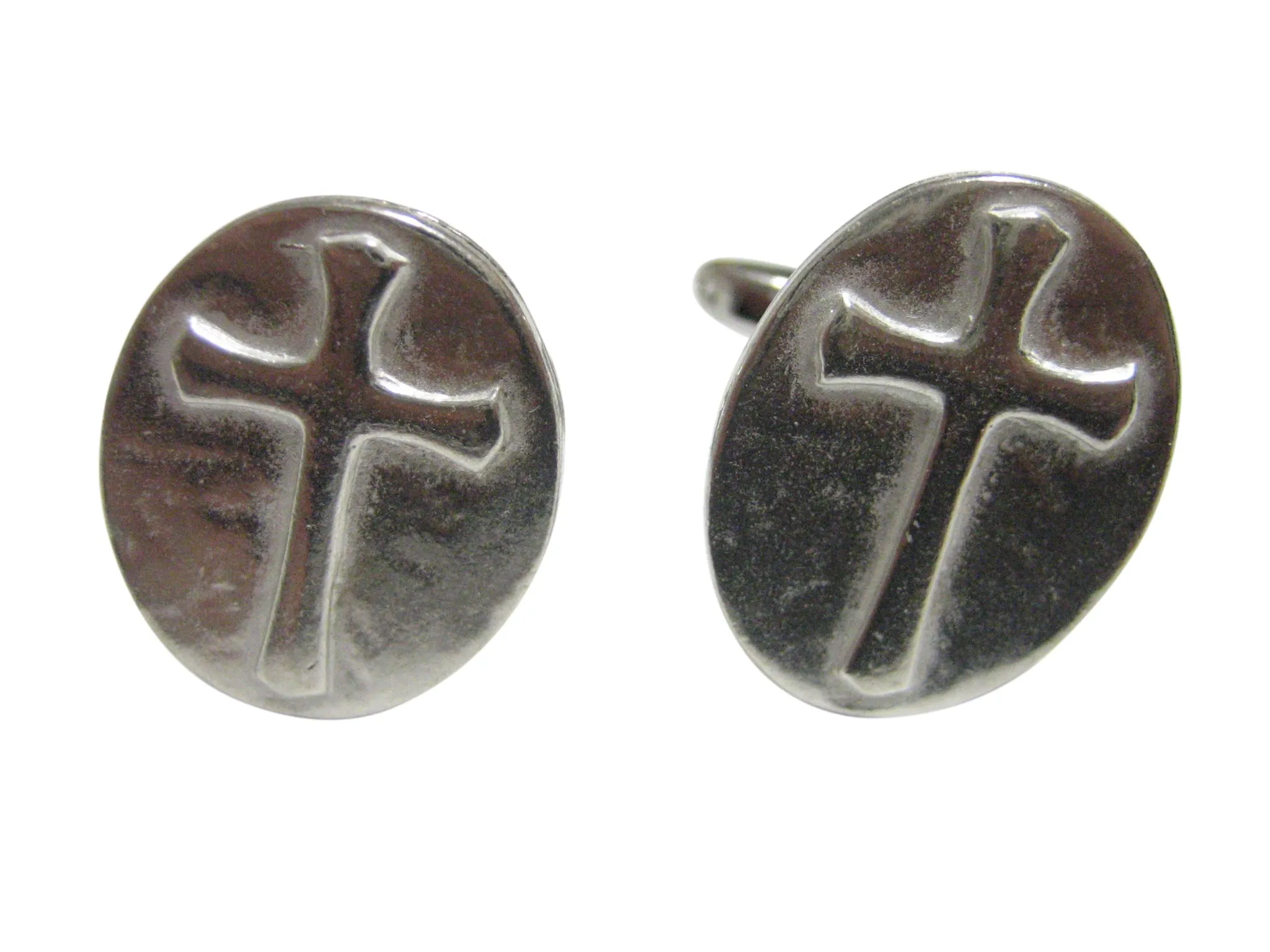 Silver Toned Oval Religious Cross Cufflinks