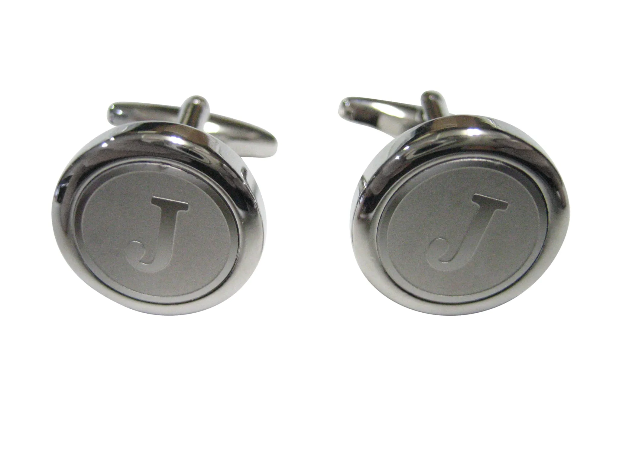 Silver Toned Round Letter J Monogram Cufflinks