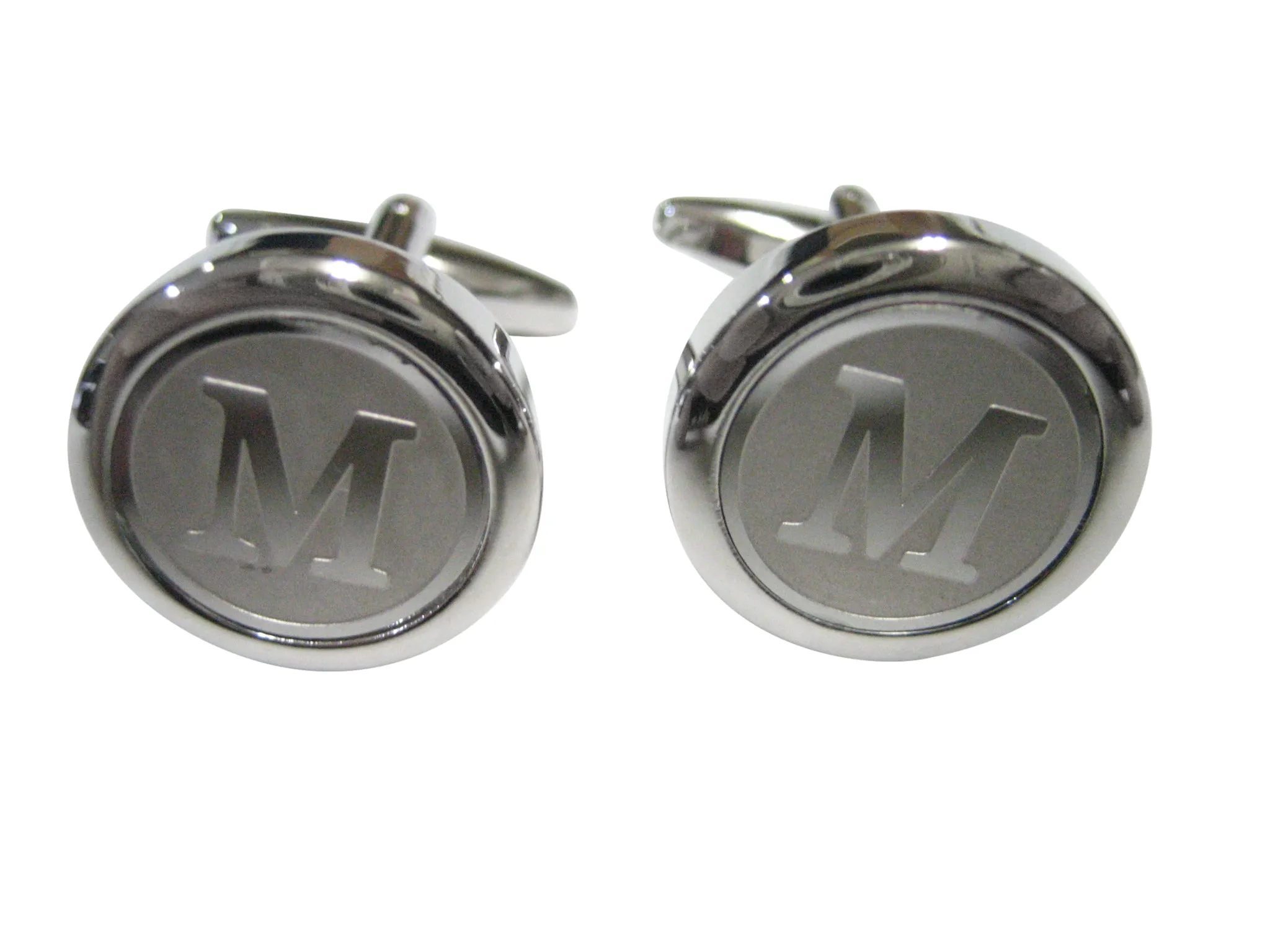 Silver Toned Round Letter M Monogram Cufflinks