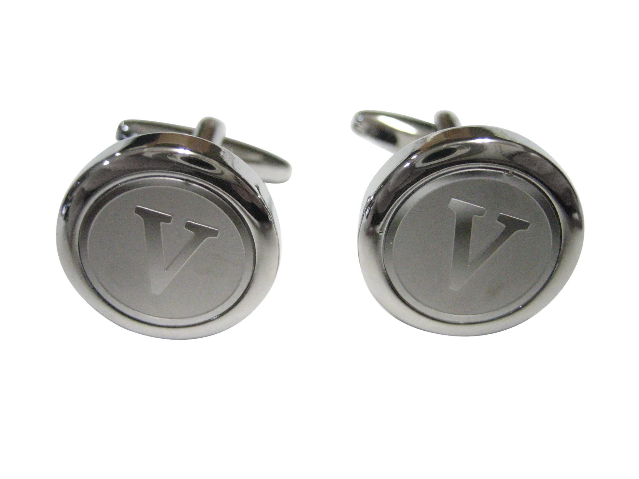 Silver Toned Round Letter V Monogram Cufflinks