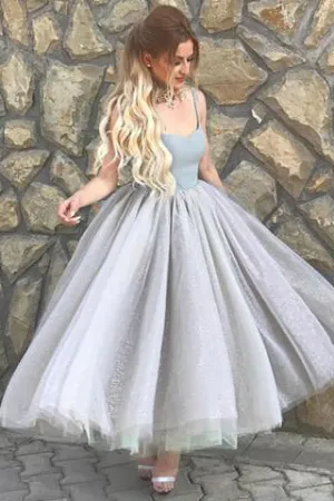 Simple A-Line Spaghetti Straps Prom Dresses,Gray Tulle Short Homecoming Dress OK492