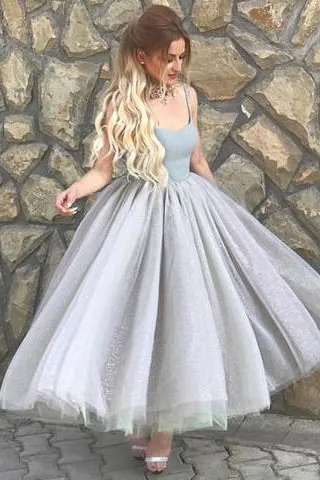 Simple A-Line Spaghetti Straps Prom Dresses,Gray Tulle Short Homecoming Dress OK492