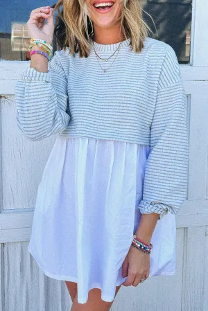Sky Blue Stripe Patchwork Pleated High Waist Loose Mini Dress