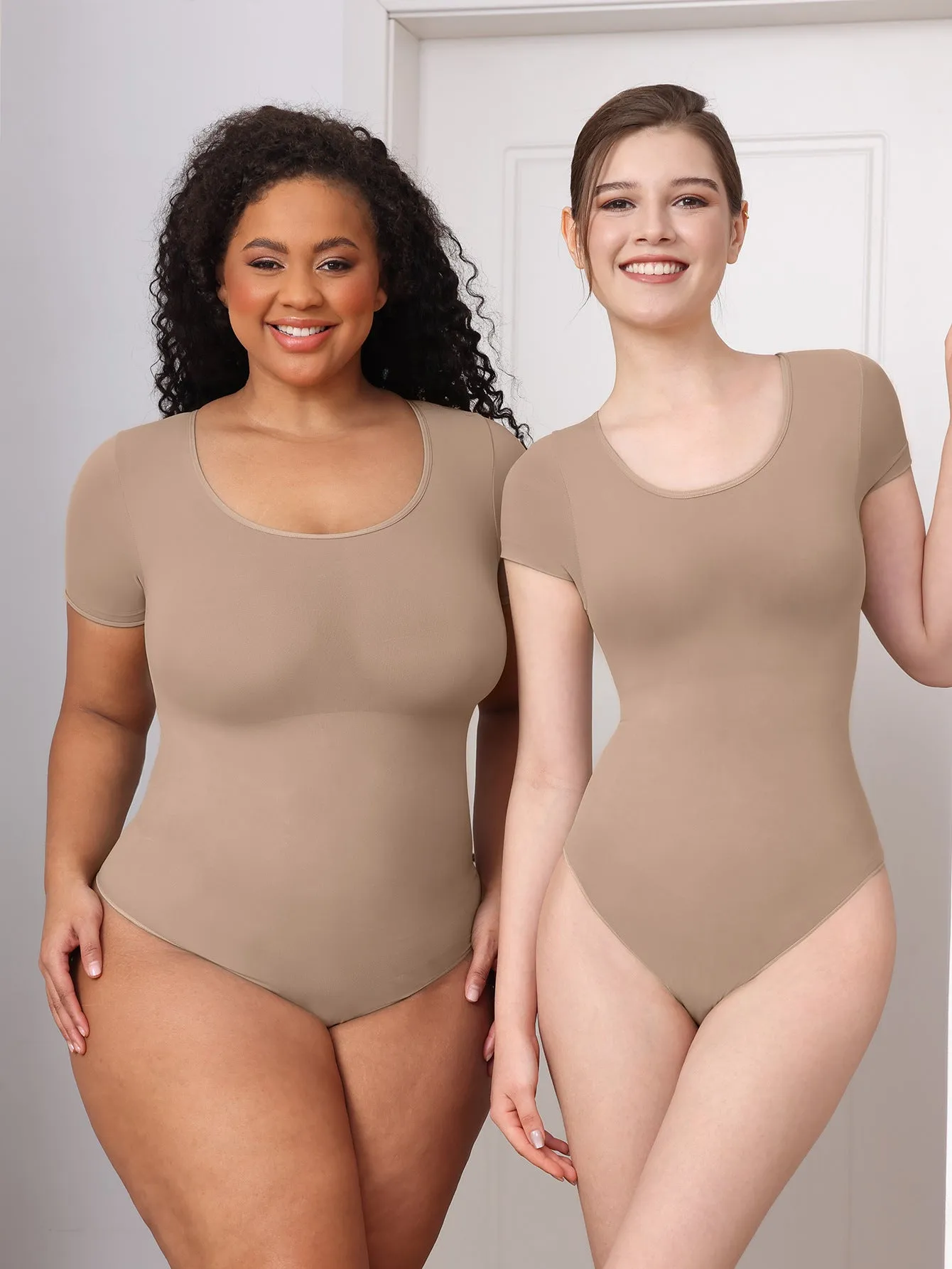 Sleek Short-Sleeve Round Neck Tummy Control Shaping Bodysuit