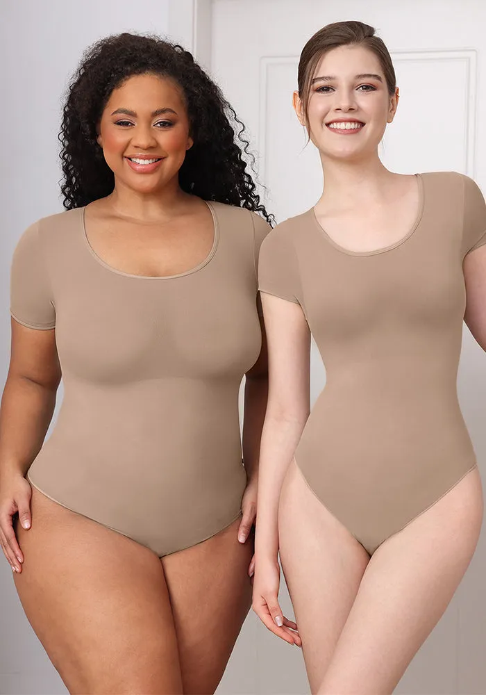 Sleek Short-Sleeve Round Neck Tummy Control Shaping Bodysuit