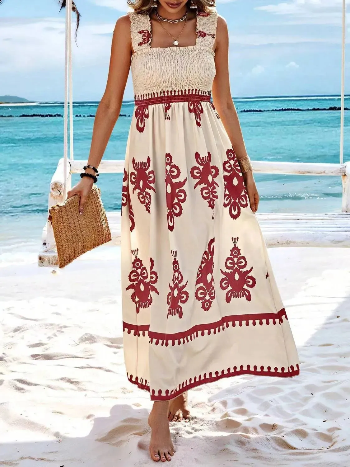 Smocked Printed Wide Strap Maxi Dress