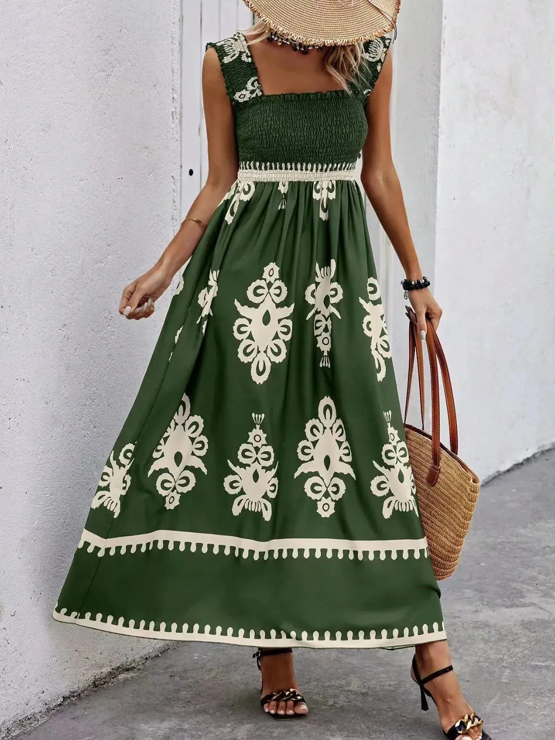 Smocked Printed Wide Strap Maxi Dress