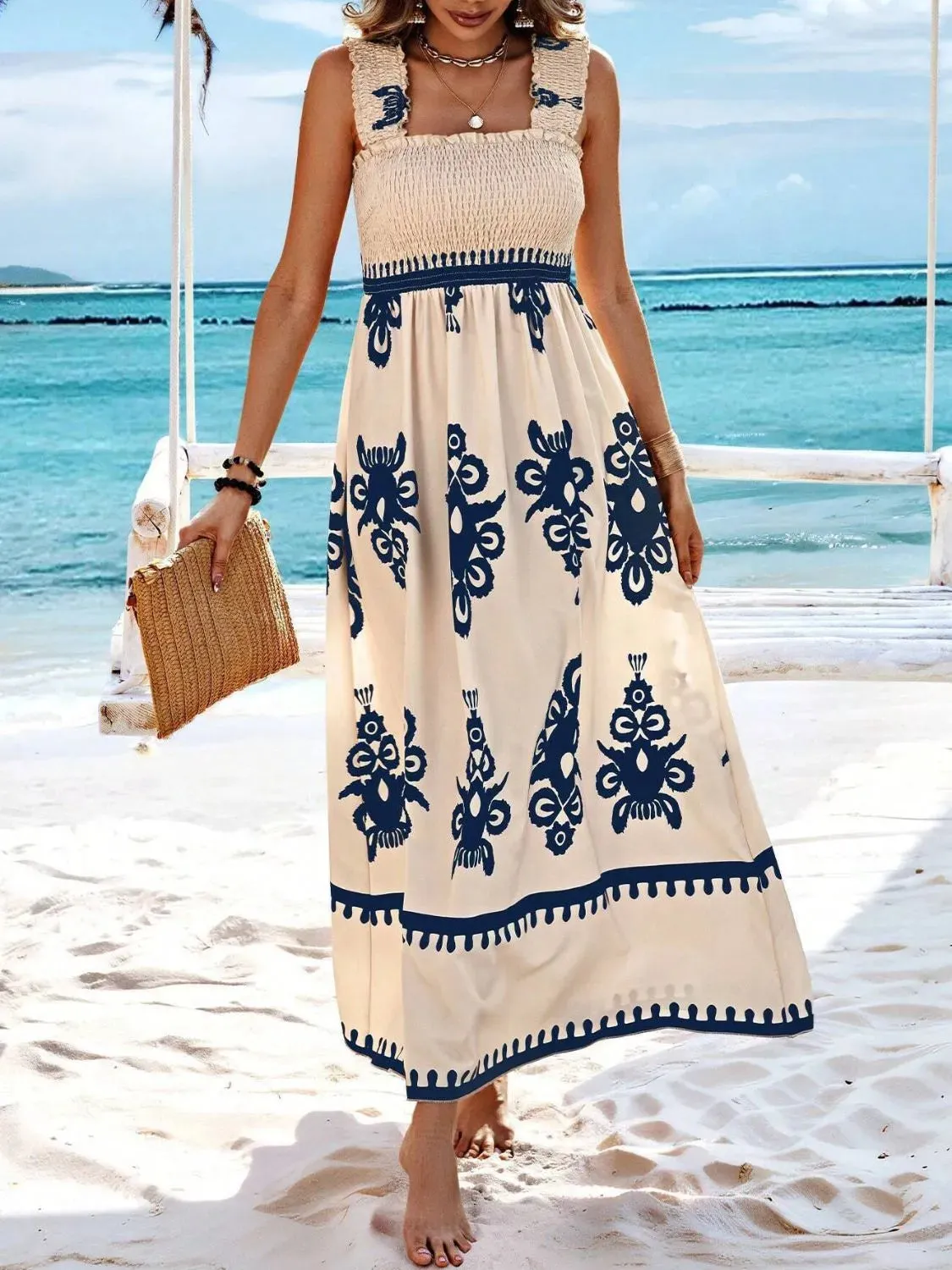Smocked Printed Wide Strap Maxi Dress