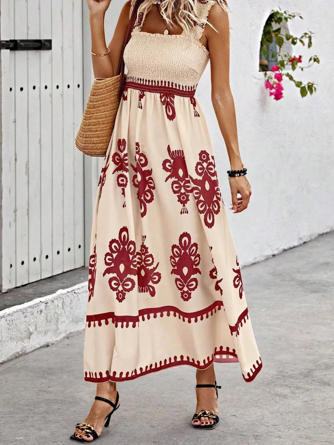 Smocked Printed Wide Strap Maxi Dress