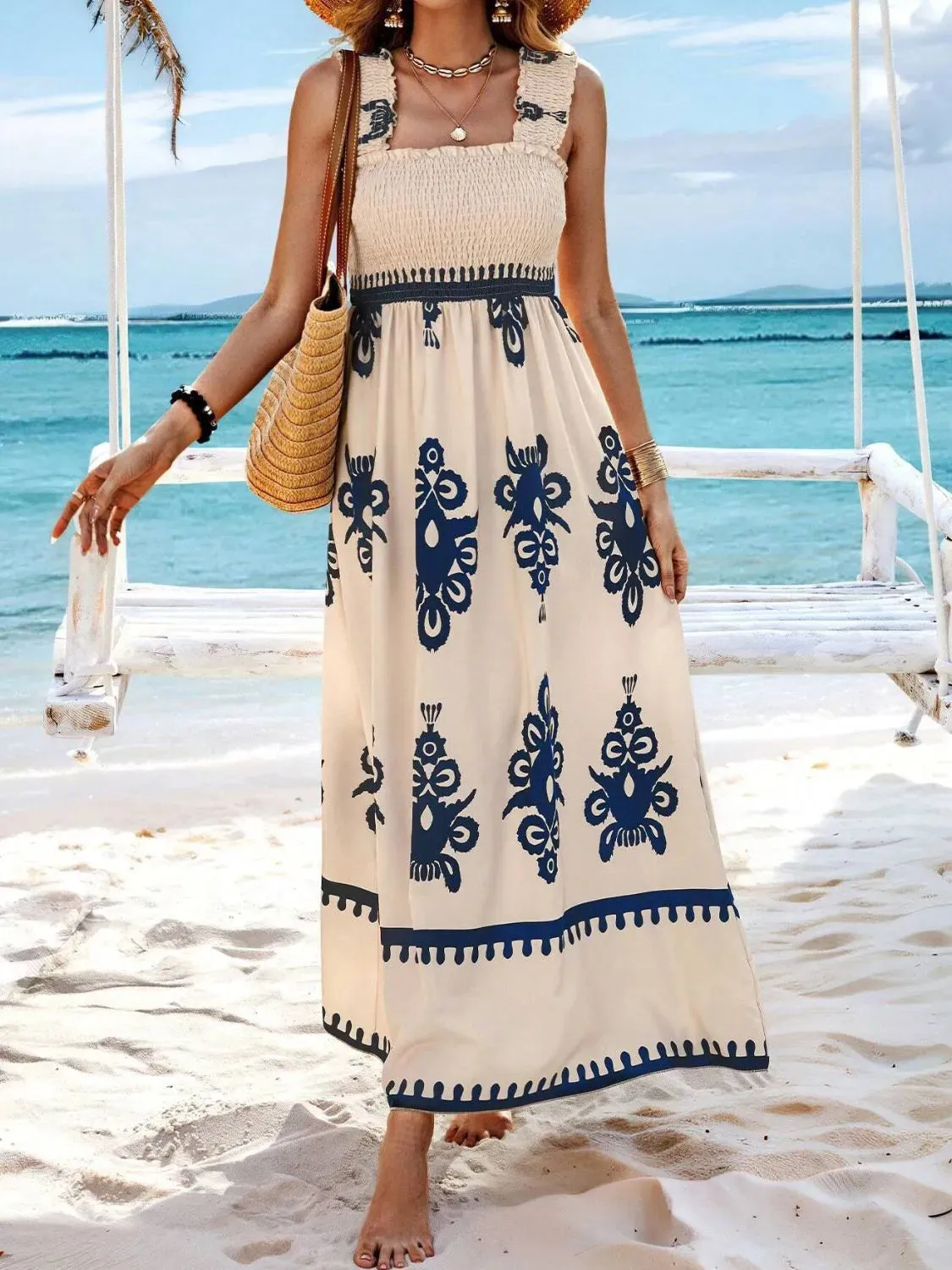 Smocked Printed Wide Strap Maxi Dress