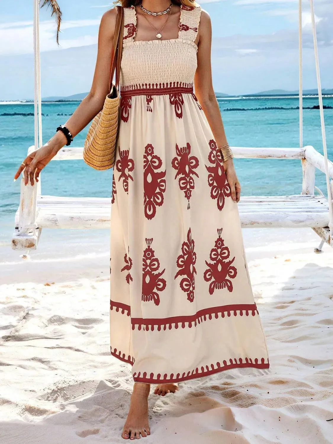 Smocked Printed Wide Strap Maxi Dress