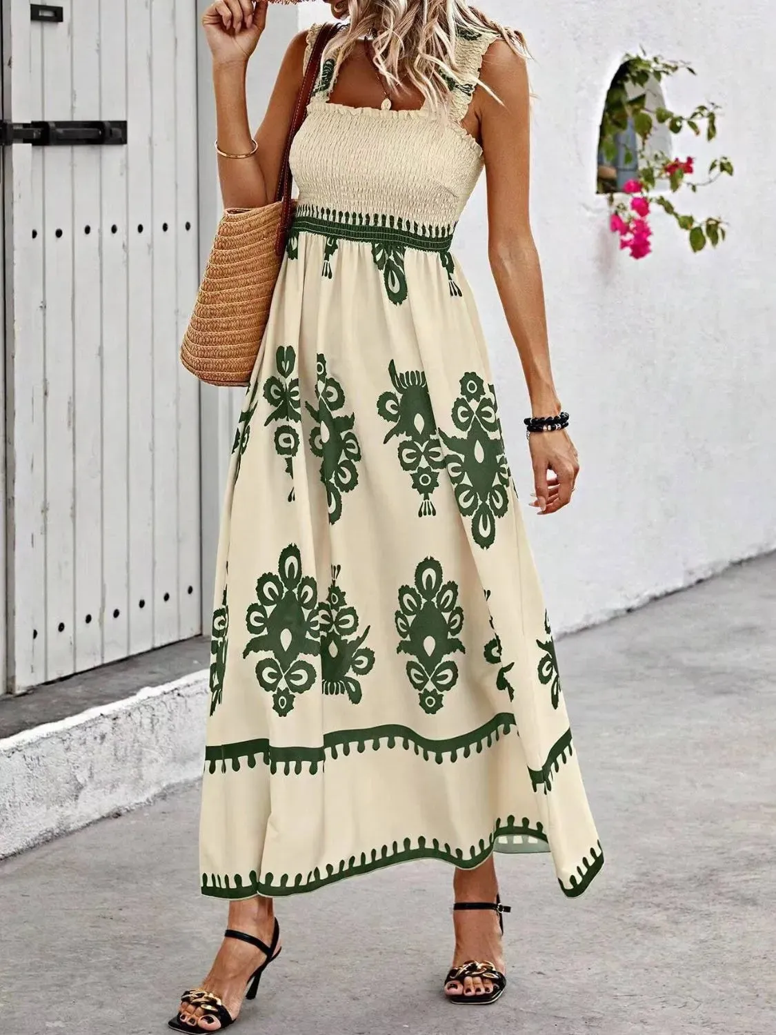 Smocked Printed Wide Strap Maxi Dress