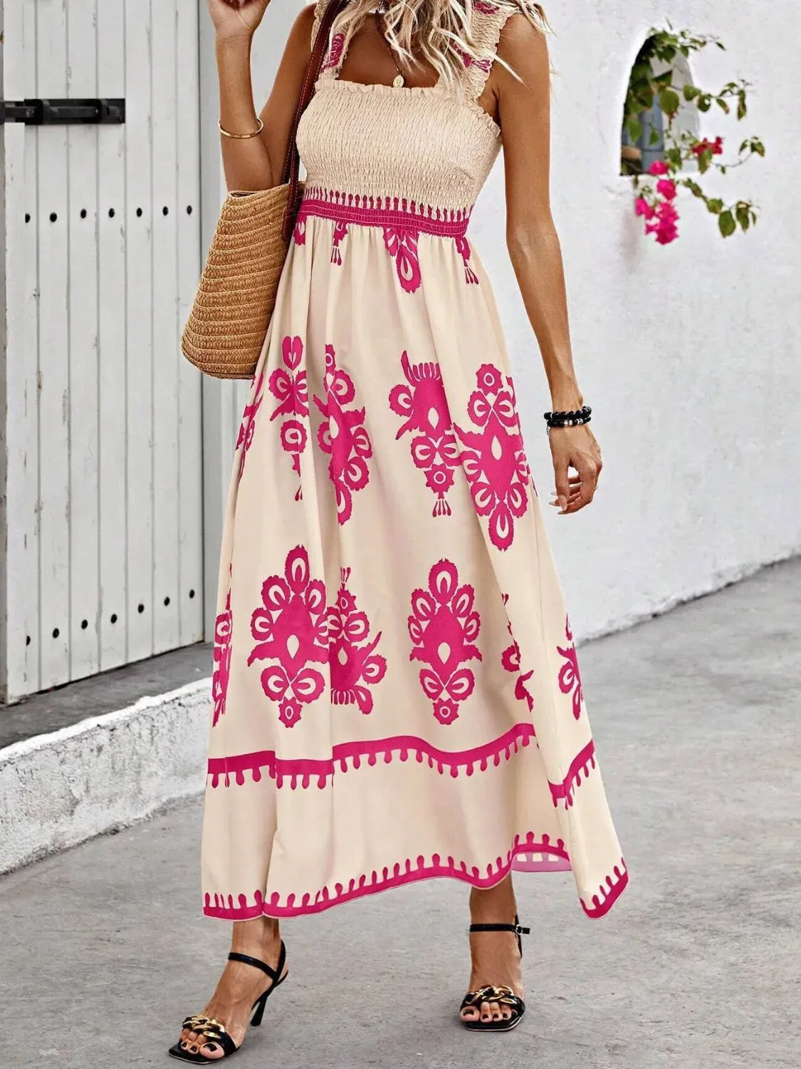 Smocked Printed Wide Strap Maxi Dress