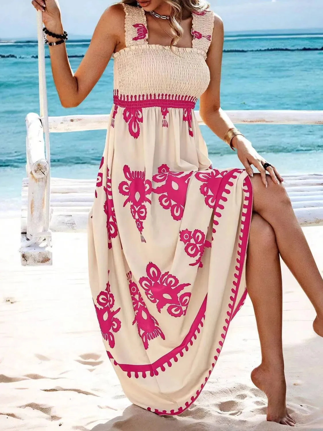 Smocked Printed Wide Strap Maxi Dress