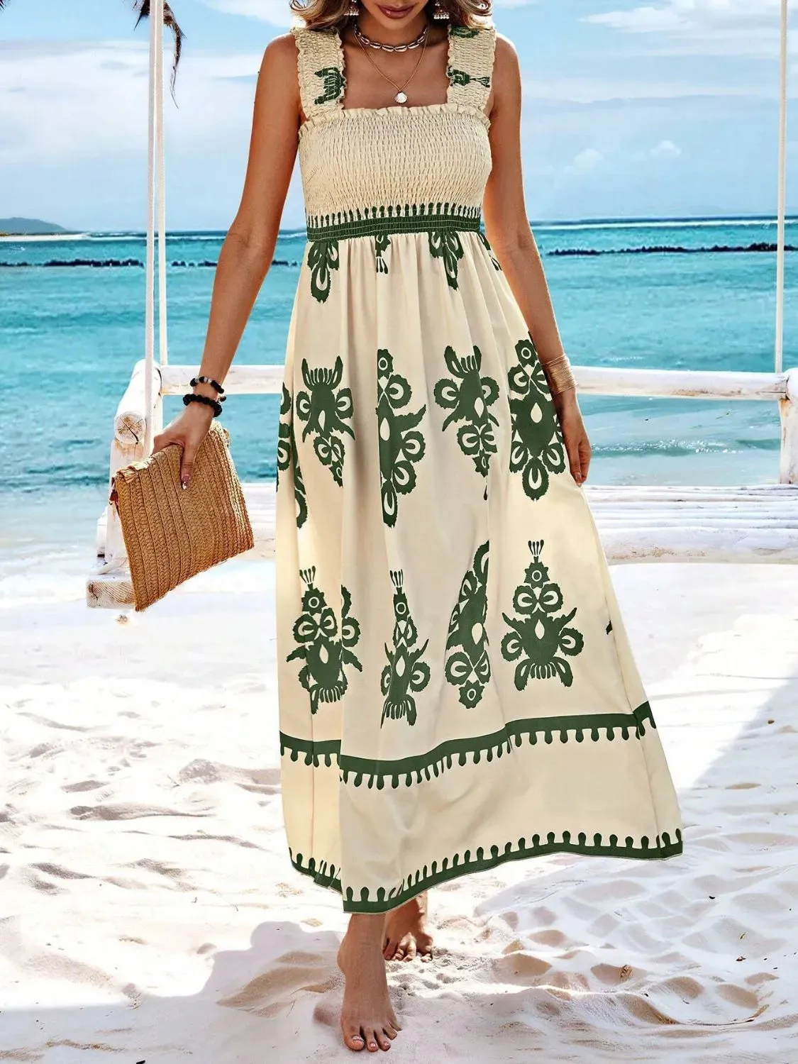 Smocked Printed Wide Strap Maxi Dress