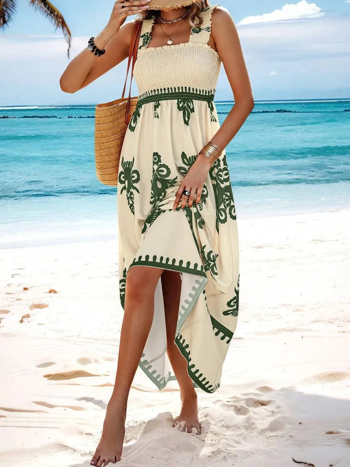 Smocked Printed Wide Strap Maxi Dress