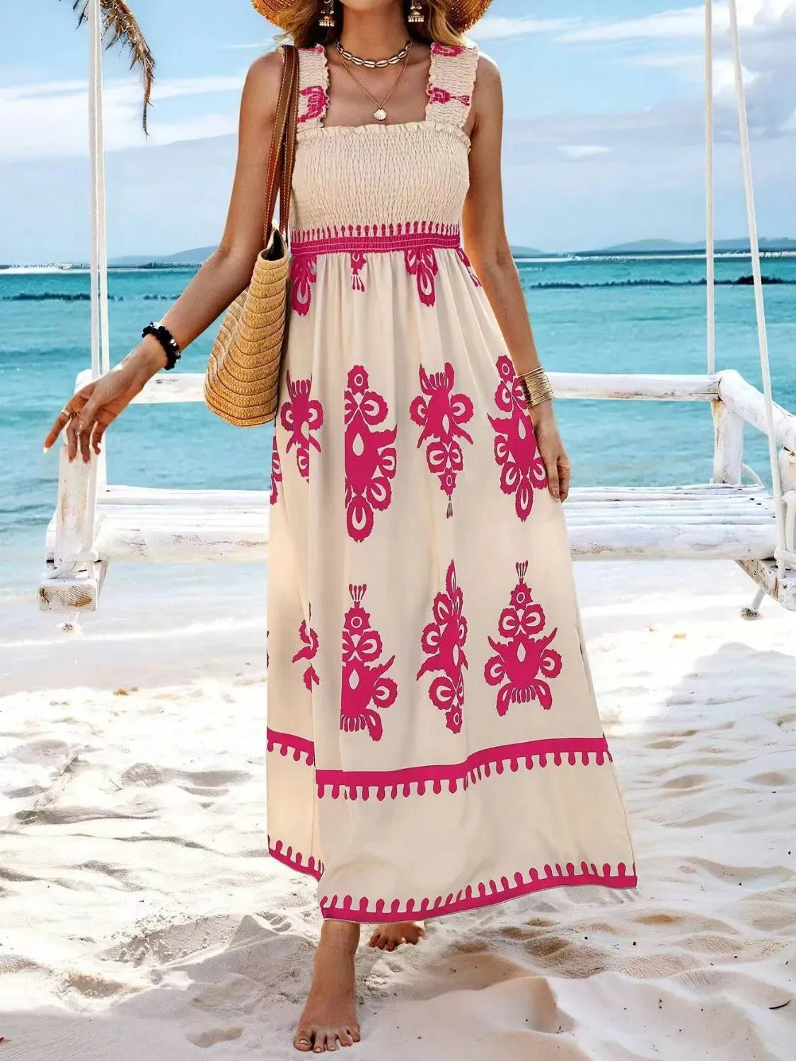 Smocked Printed Wide Strap Maxi Dress