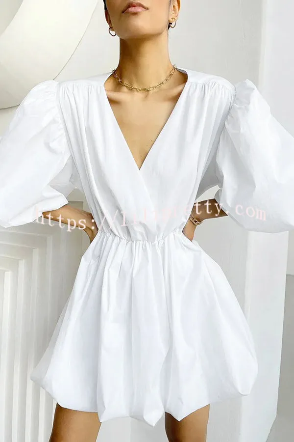Solid Color Sexy V-neck Lantern Sleeve Waist Mini Dress