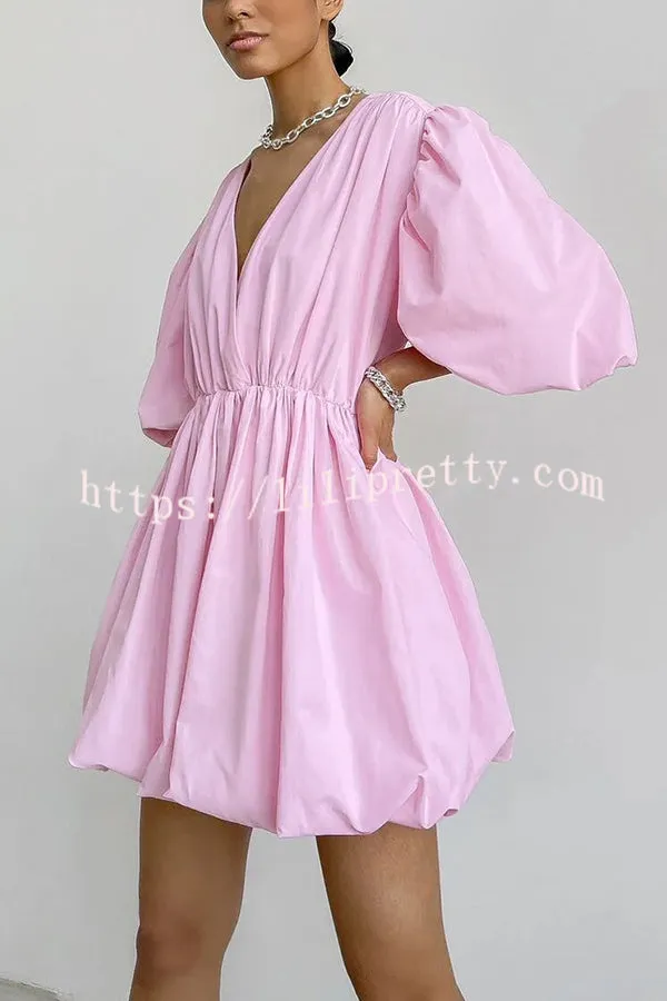 Solid Color Sexy V-neck Lantern Sleeve Waist Mini Dress