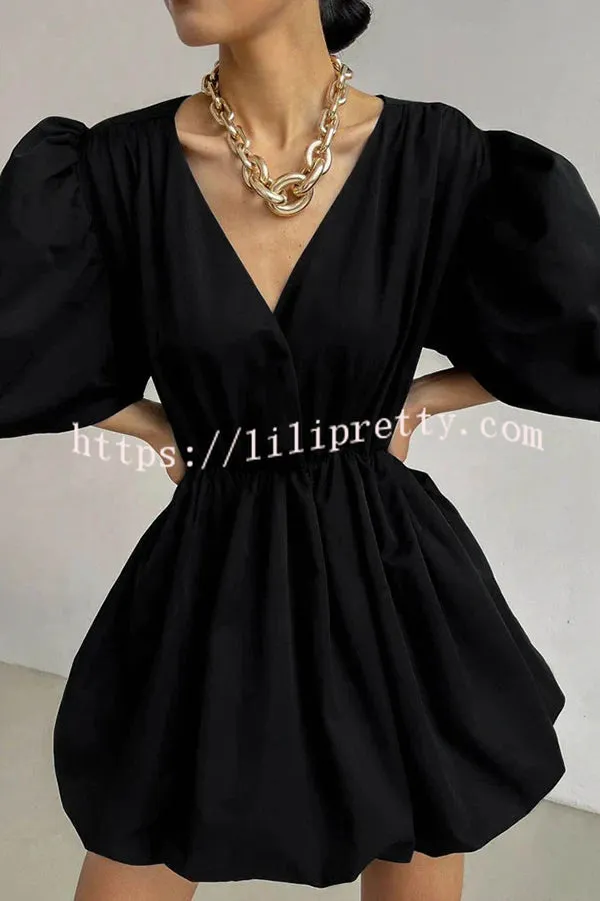 Solid Color Sexy V-neck Lantern Sleeve Waist Mini Dress
