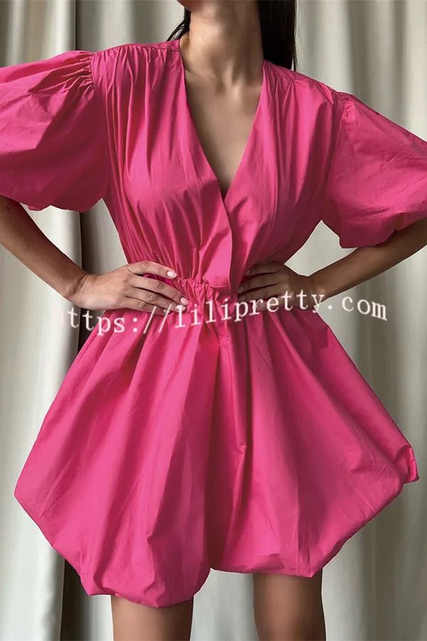 Solid Color Sexy V-neck Lantern Sleeve Waist Mini Dress
