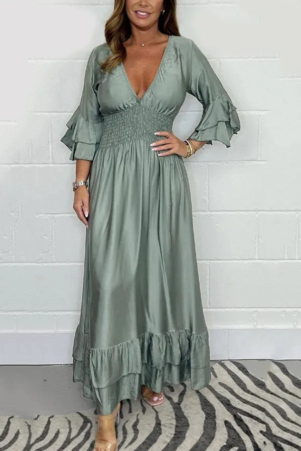 Solid Satin V-Neck Ruffle Sleeve Pleated Waist Maxi Dress