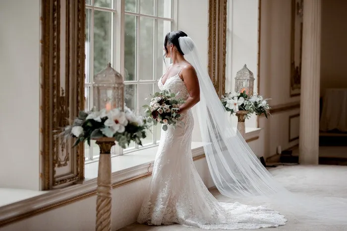 Spaghetti Straps V-neck Lace Wedding Dresses With Train, WD0306