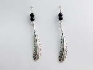 Sterling silver feather dangle earrings- bird-black onyx, feathers, birds