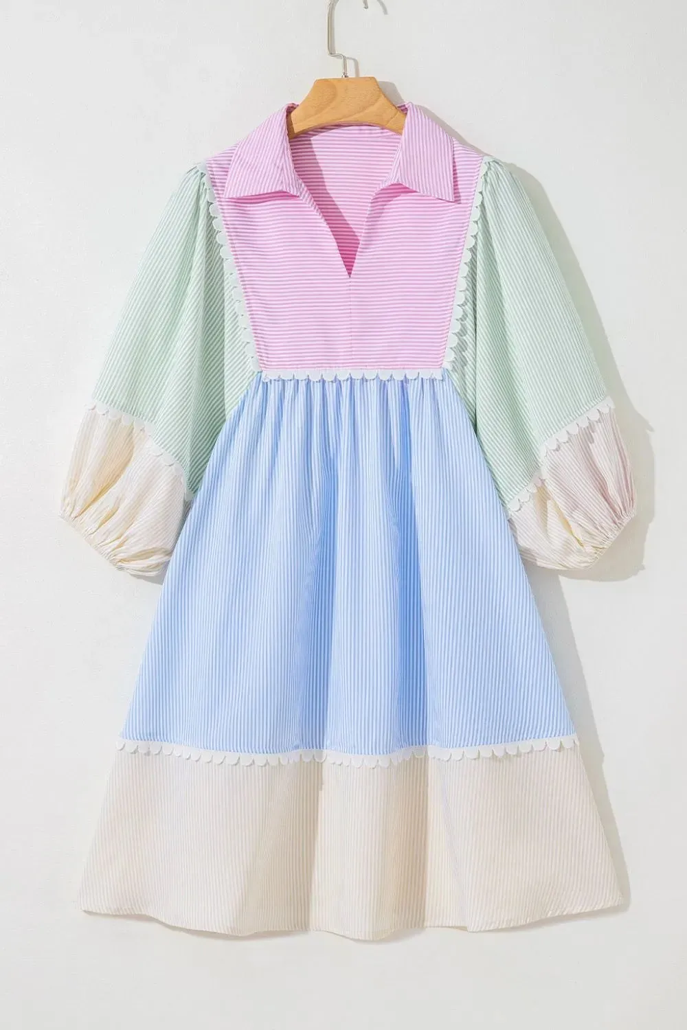 Striped Patchwork Ric Rac Puff Sleeve Collared Mini Dress