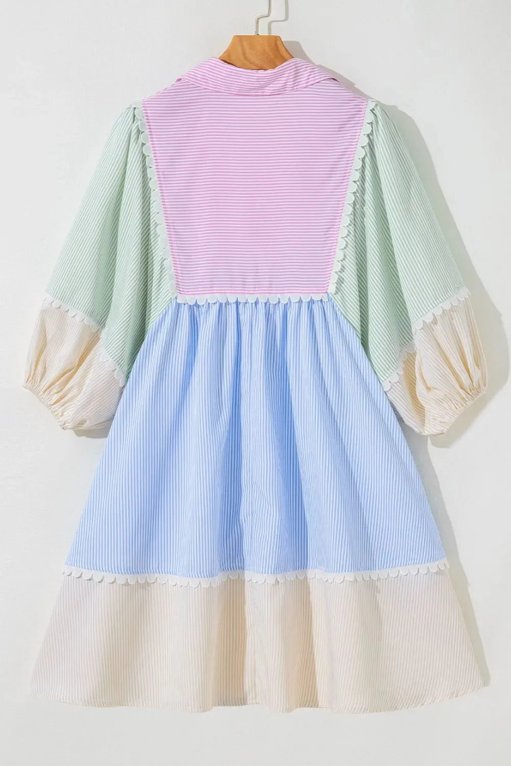 Striped Patchwork Ric Rac Puff Sleeve Collared Mini Dress