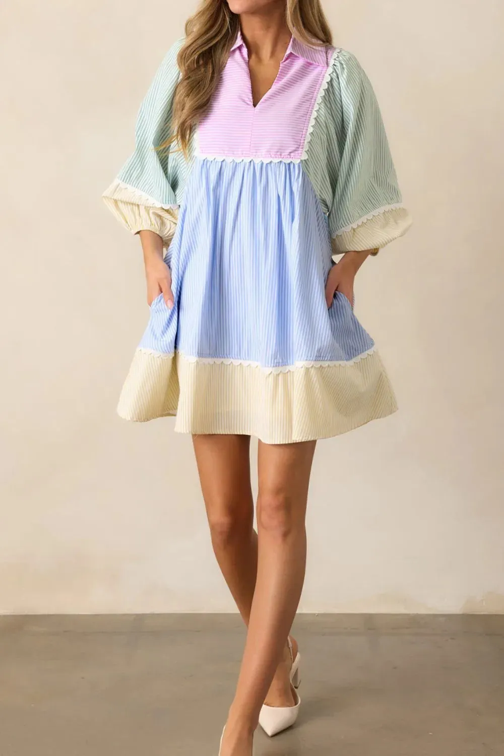 Striped Patchwork Ric Rac Puff Sleeve Collared Mini Dress
