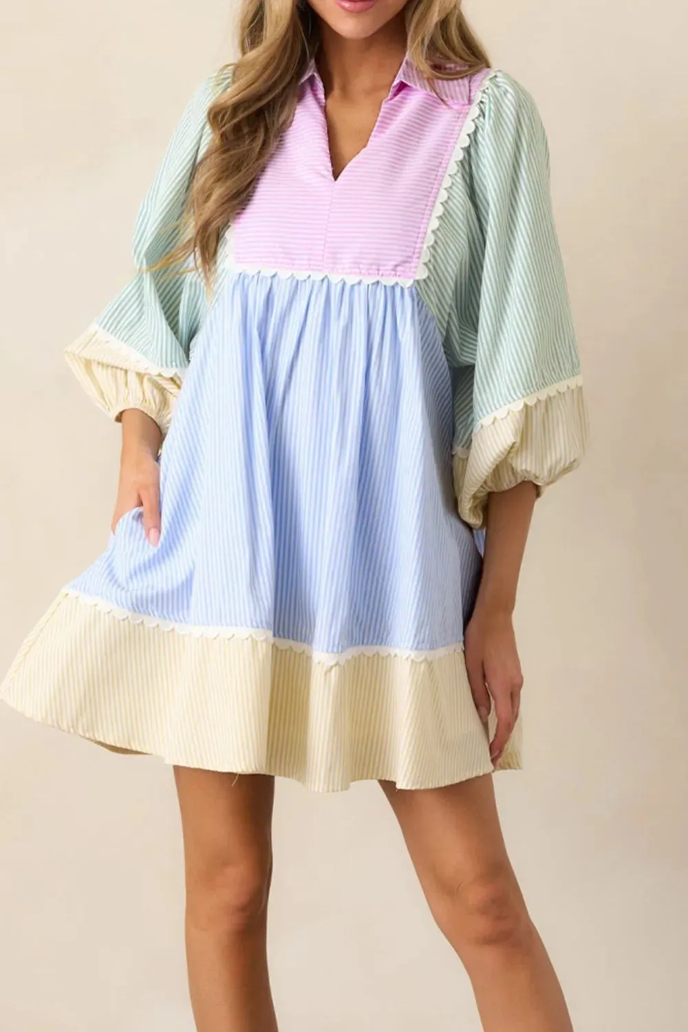 Striped Patchwork Ric Rac Puff Sleeve Collared Mini Dress