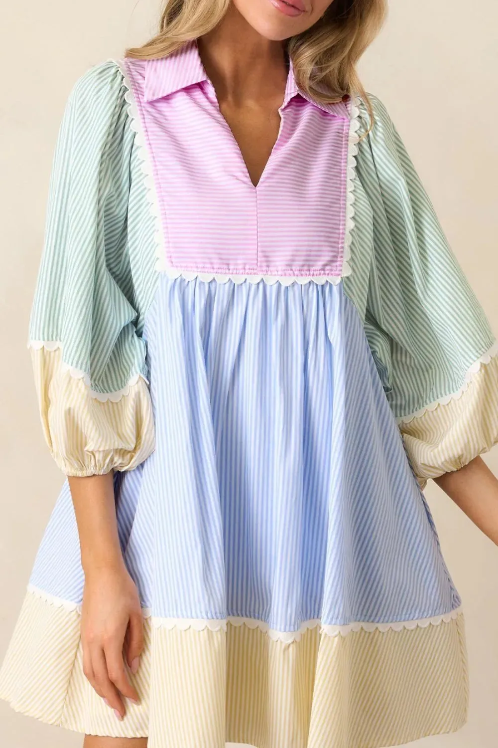 Striped Patchwork Ric Rac Puff Sleeve Collared Mini Dress