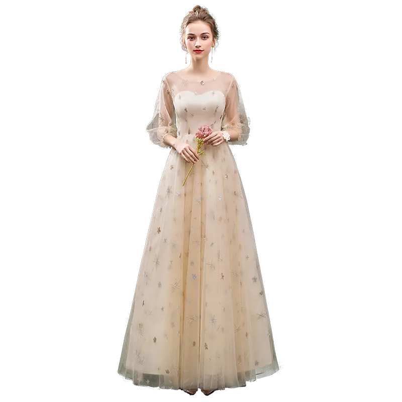 Stunning A Line 3/4 Sleeves Tulle Round Neck Prom Dress Evening Dress OKQ76