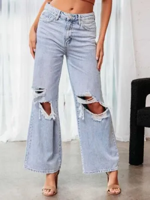 Stylish Women’s Distressed Wide Leg Jeans with Pockets | Casual Denim Pants