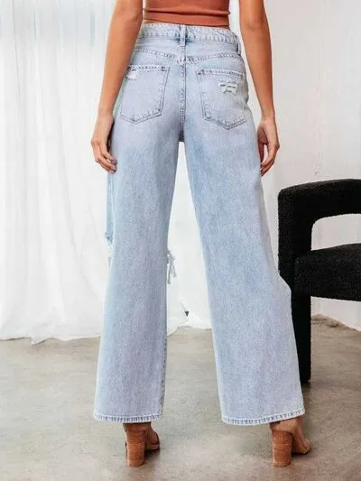 Stylish Women’s Distressed Wide Leg Jeans with Pockets | Casual Denim Pants