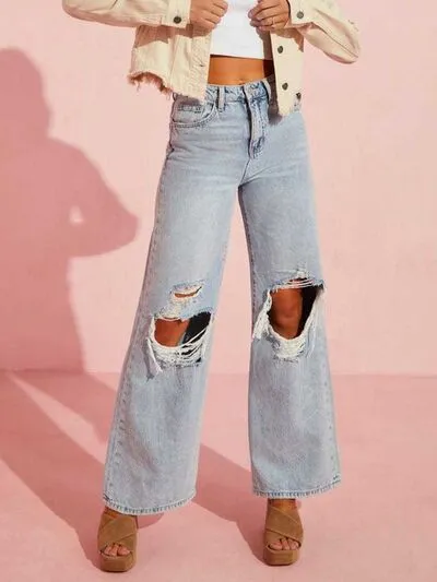 Stylish Women’s Distressed Wide Leg Jeans with Pockets | Casual Denim Pants