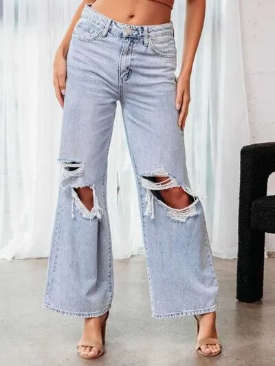 Stylish Women’s Distressed Wide Leg Jeans with Pockets | Casual Denim Pants