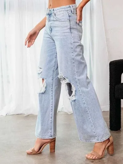 Stylish Women’s Distressed Wide Leg Jeans with Pockets | Casual Denim Pants