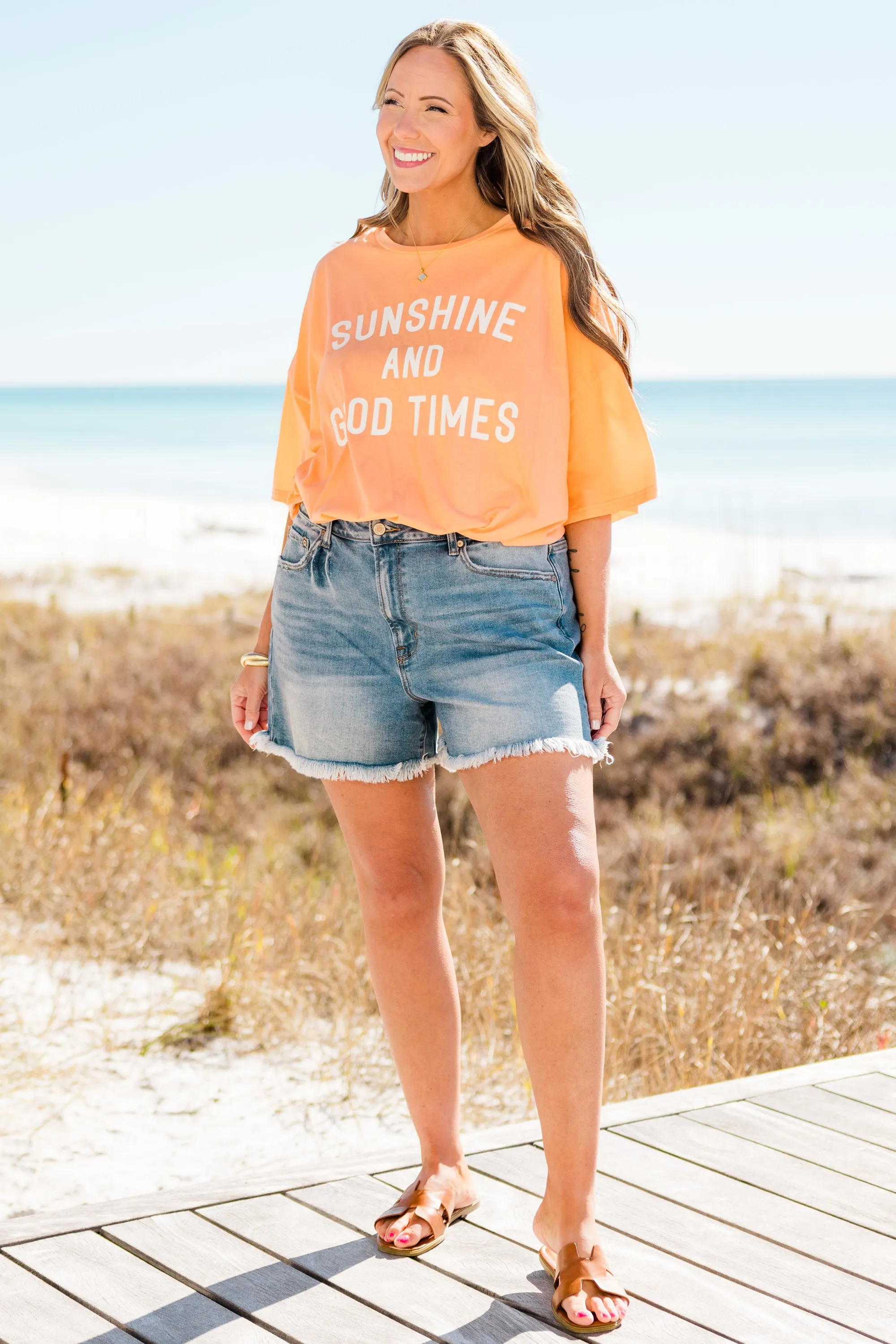 Sunshine and Good Times Boyfriend Tee, Neon Coral