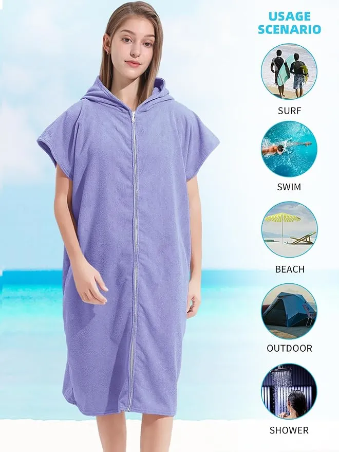 Surf Poncho Hooded Changing Towel Swim Robe with Zipper Plus Size Terry Cloth Swim Cover Up for Adults Men Women Towel Poncho Hoodie Surfing Accessories(Black) (Purple)