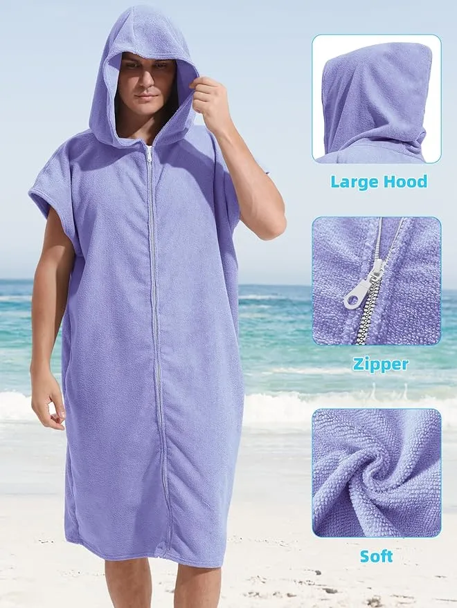 Surf Poncho Hooded Changing Towel Swim Robe with Zipper Plus Size Terry Cloth Swim Cover Up for Adults Men Women Towel Poncho Hoodie Surfing Accessories(Black) (Purple)