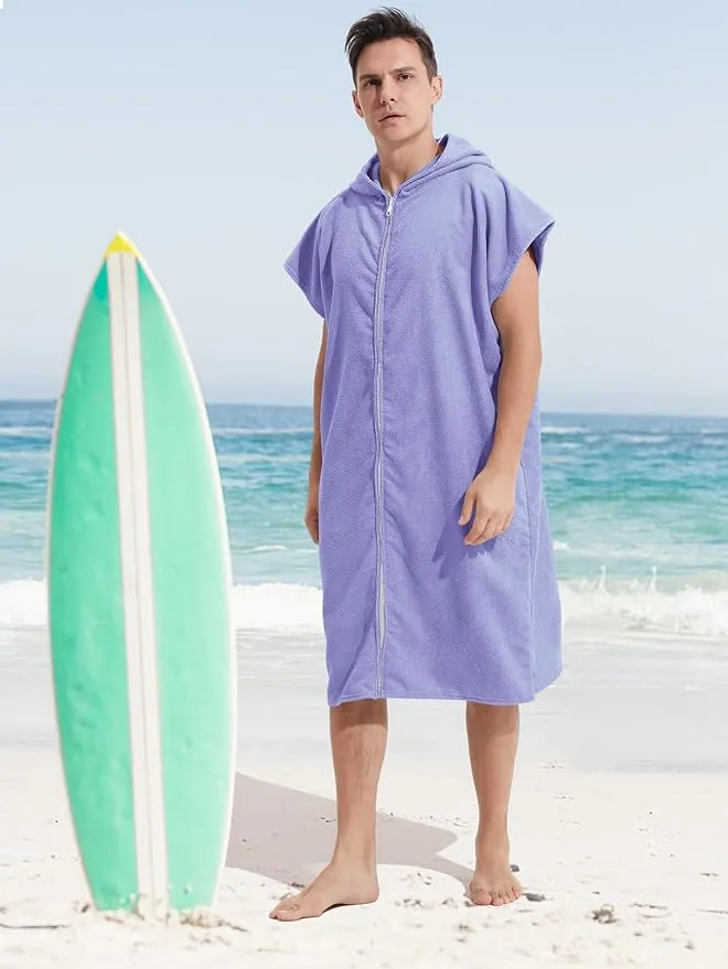 Surf Poncho Hooded Changing Towel Swim Robe with Zipper Plus Size Terry Cloth Swim Cover Up for Adults Men Women Towel Poncho Hoodie Surfing Accessories(Black) (Purple)