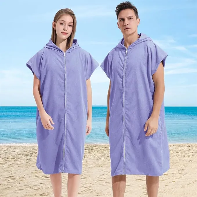 Surf Poncho Hooded Changing Towel Swim Robe with Zipper Plus Size Terry Cloth Swim Cover Up for Adults Men Women Towel Poncho Hoodie Surfing Accessories(Black) (Purple)