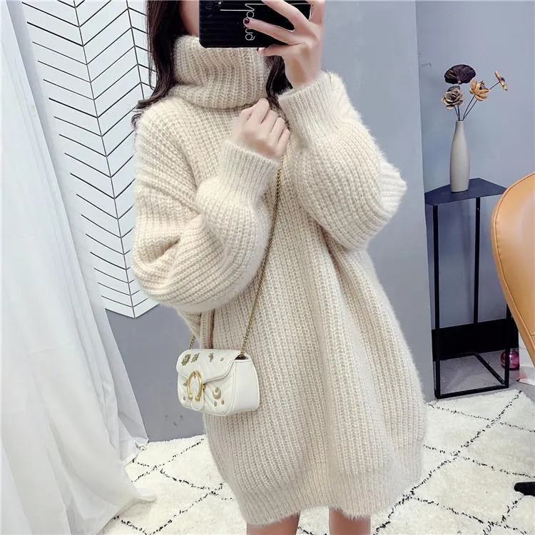 Sweater Skirt Autumn and Winter Long Loose Loose Outer Wear Lazy Red Turtleneck Sweater Skirt Women Thick