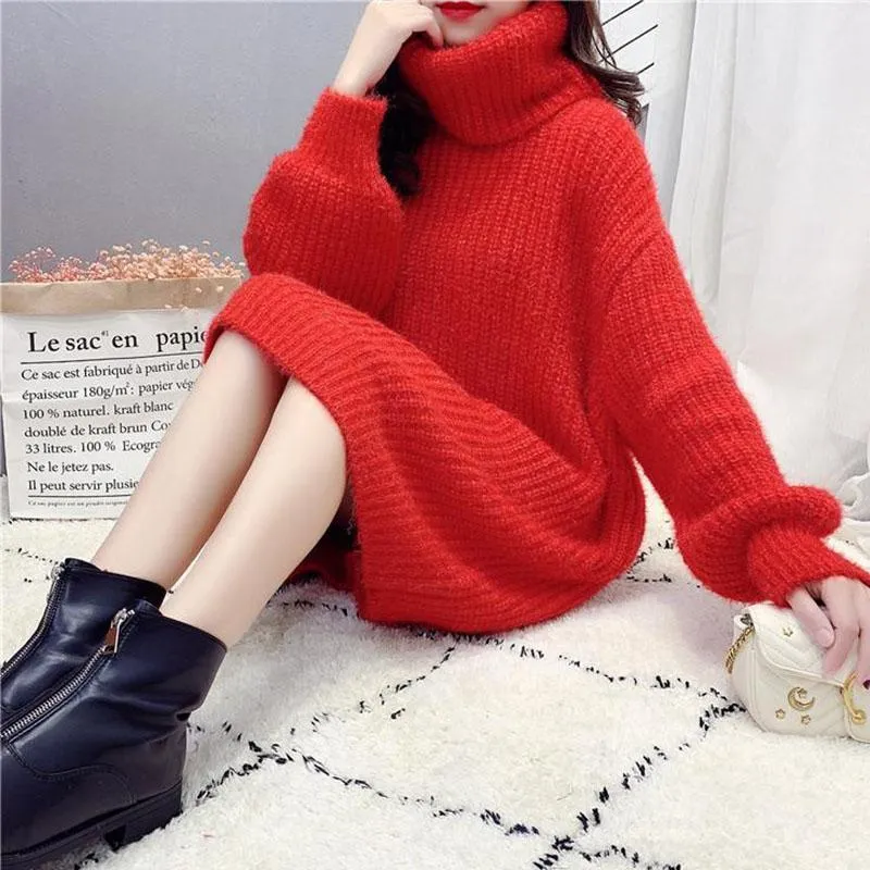 Sweater Skirt Autumn and Winter Long Loose Loose Outer Wear Lazy Red Turtleneck Sweater Skirt Women Thick