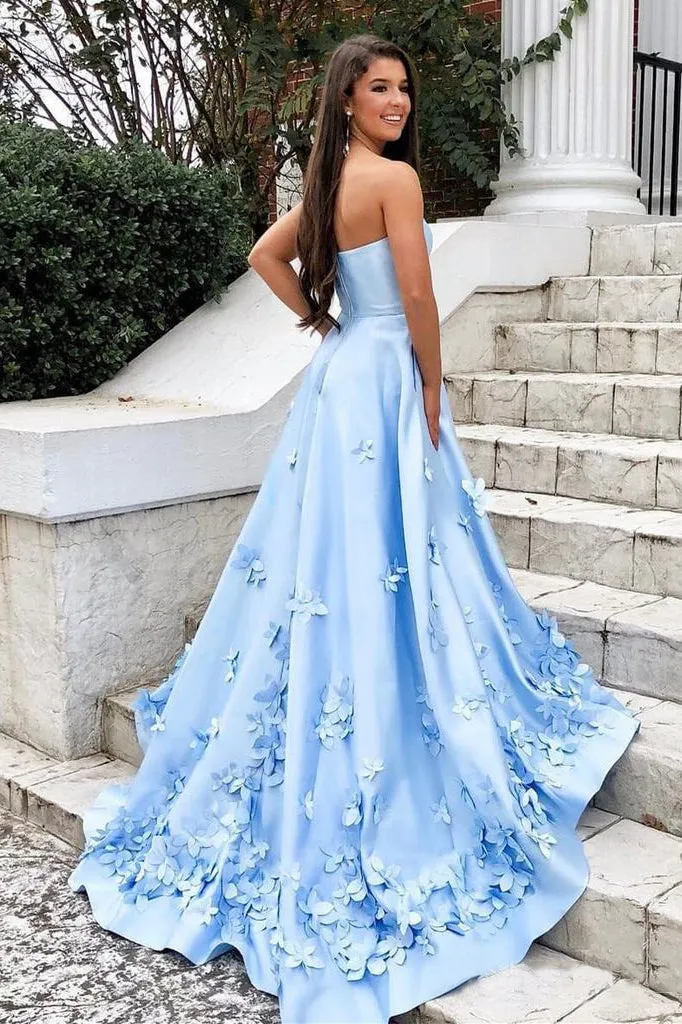 Sweetheart Sky Blue Long Satin Cheap Prom Dress with 3D Floral Applique OKI2